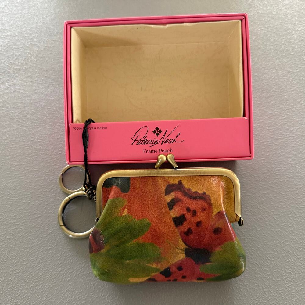 NIB Patricia Nash Borse Frame Pouch Watercolor Butterfly Kiss Lock Leather Purse